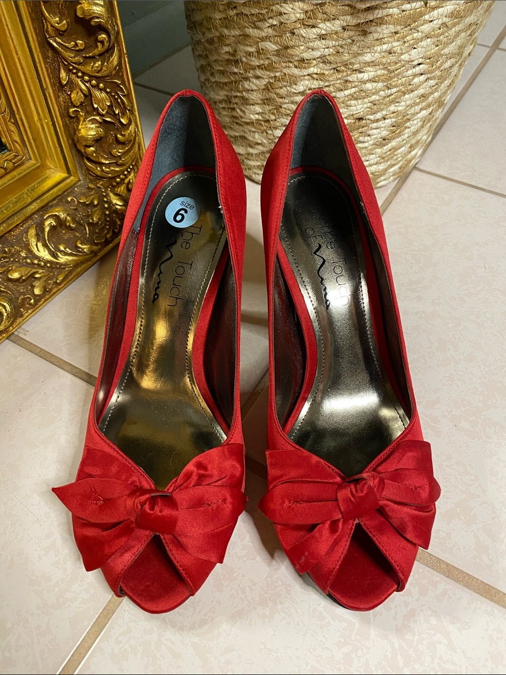 Touch of Nina Red Satin Peep-Toe Bow Heels